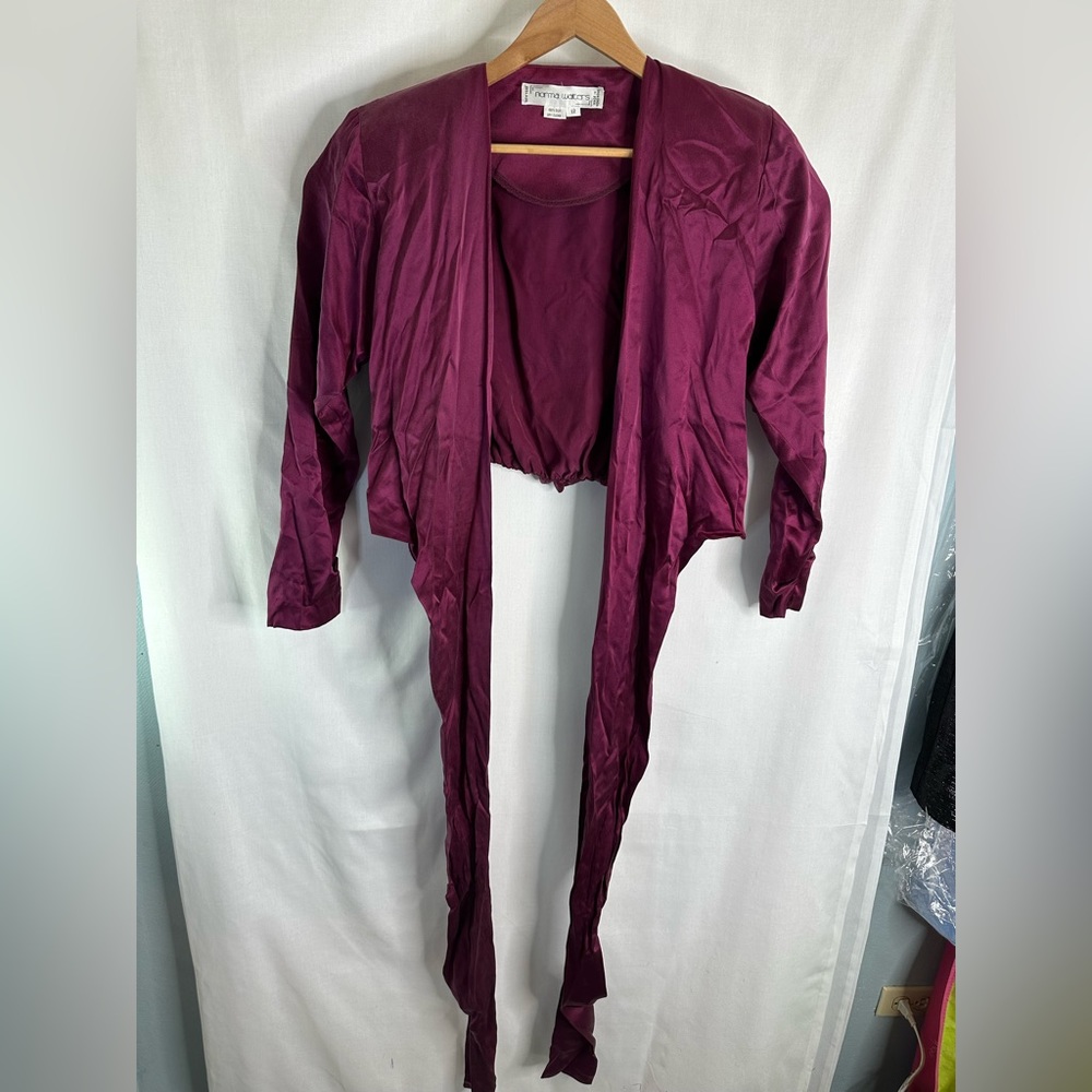 Norma Walters Vintage Maroon 100% Aged Rich Silk Cropped Wrap Top Blouse Sz 12